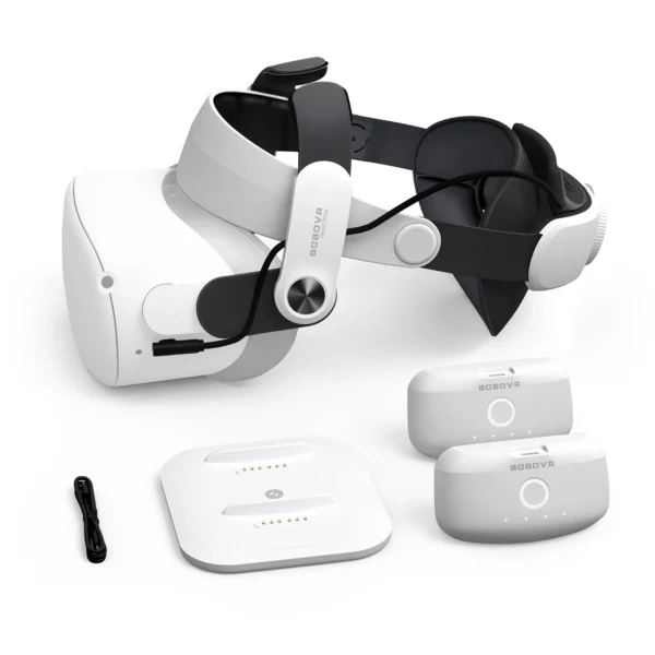 BoboVR M2+ 2 strain relief strap for Meta Quest 2 + 2x B2 battery + BD2 charging station - white and blackeng