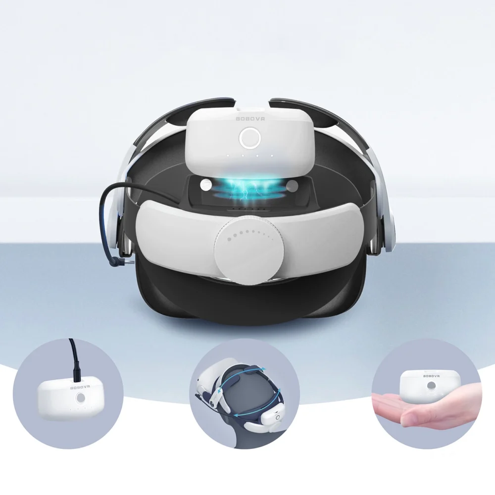 BoboVR M2 Pro+ strain relief strap for Meta Quest 2 VR goggles + B2 external battery - white and blackeng