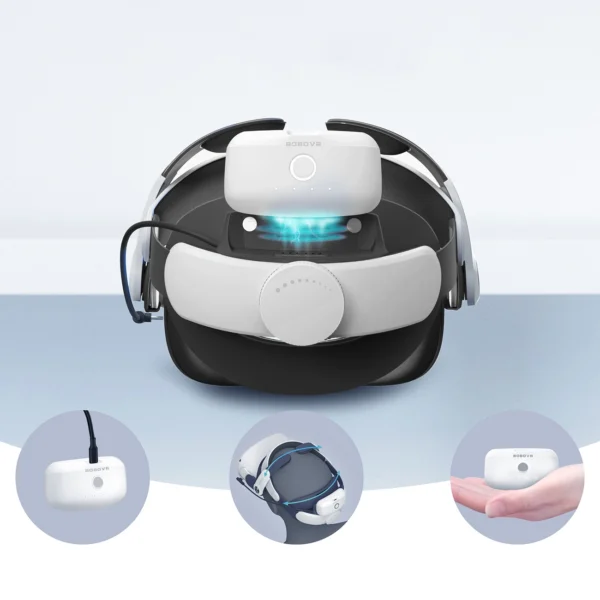 BoboVR M2 Pro+ strain relief strap for Meta Quest 2 VR goggles + B2 external battery - white and blackeng