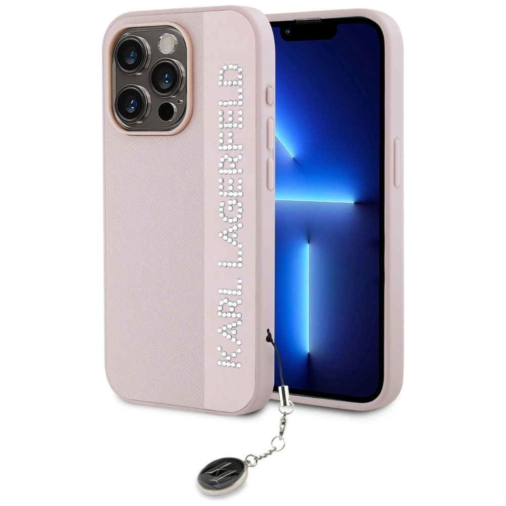 Karl Lagerfeld Saffiano Rhinestones & Charm case for iPhone 15 Pro - pinkeng