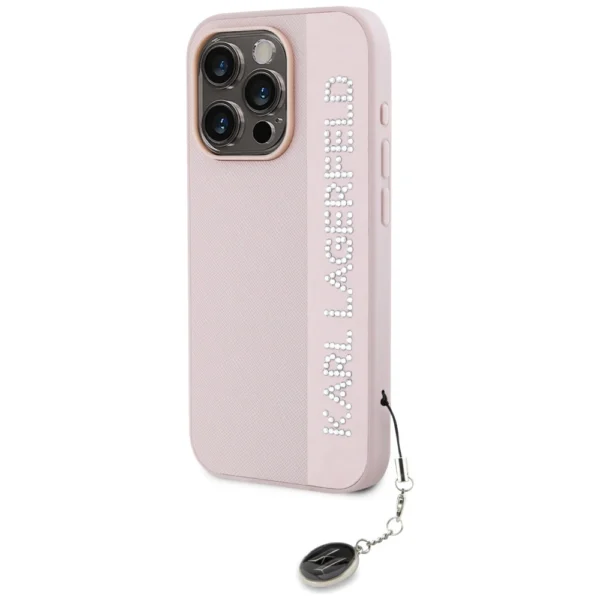 Karl Lagerfeld Saffiano Rhinestones & Charm case for iPhone 15 Pro - pinkeng