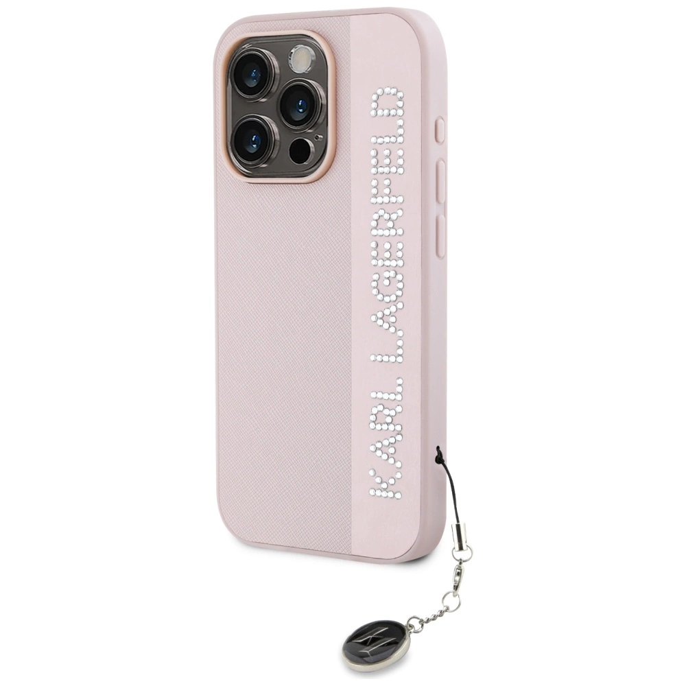 Karl Lagerfeld Saffiano Rhinestones & Charm case for iPhone 15 Pro - pinkeng