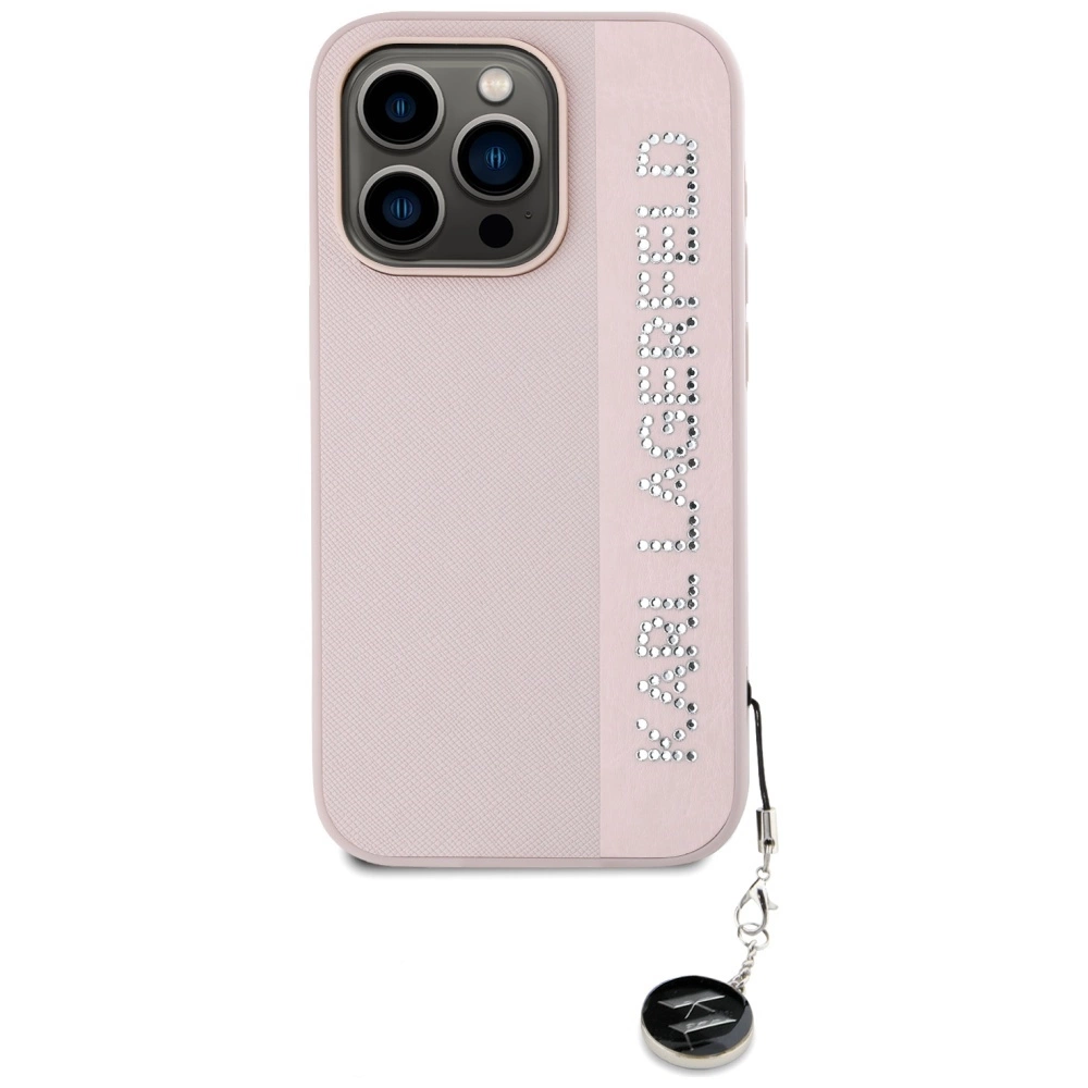 Karl Lagerfeld Saffiano Rhinestones & Charm case for iPhone 15 Pro - pinkeng
