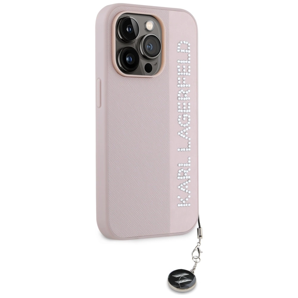 Karl Lagerfeld Saffiano Rhinestones & Charm case for iPhone 15 Pro - pinkeng