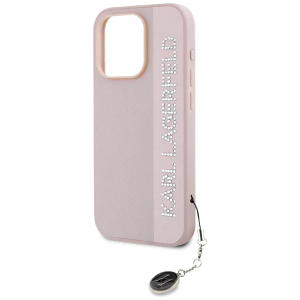 Karl Lagerfeld Saffiano Rhinestones & Charm case for iPhone 15 Pro - pinkeng
