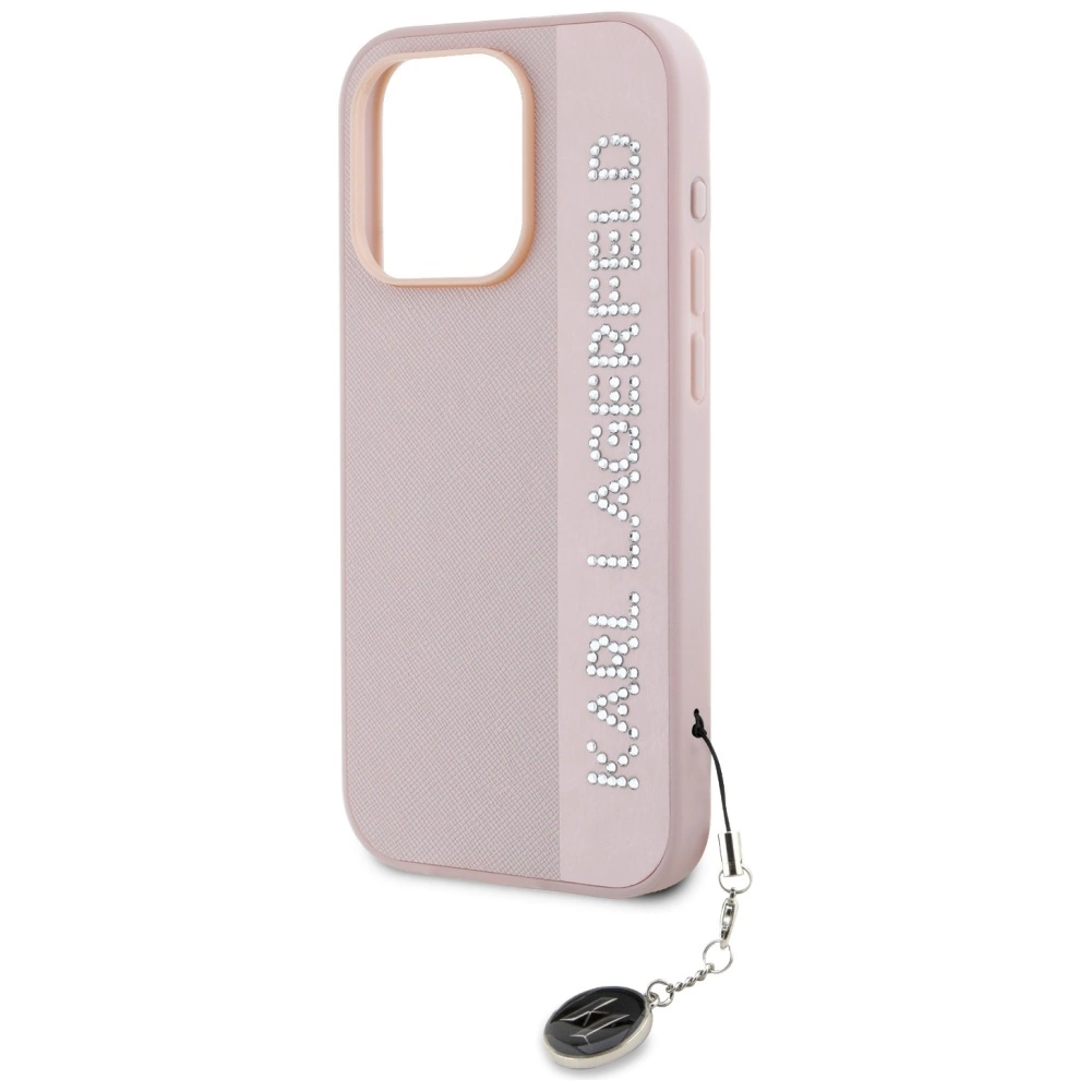 Karl Lagerfeld Saffiano Rhinestones & Charm case for iPhone 15 Pro - pinkeng