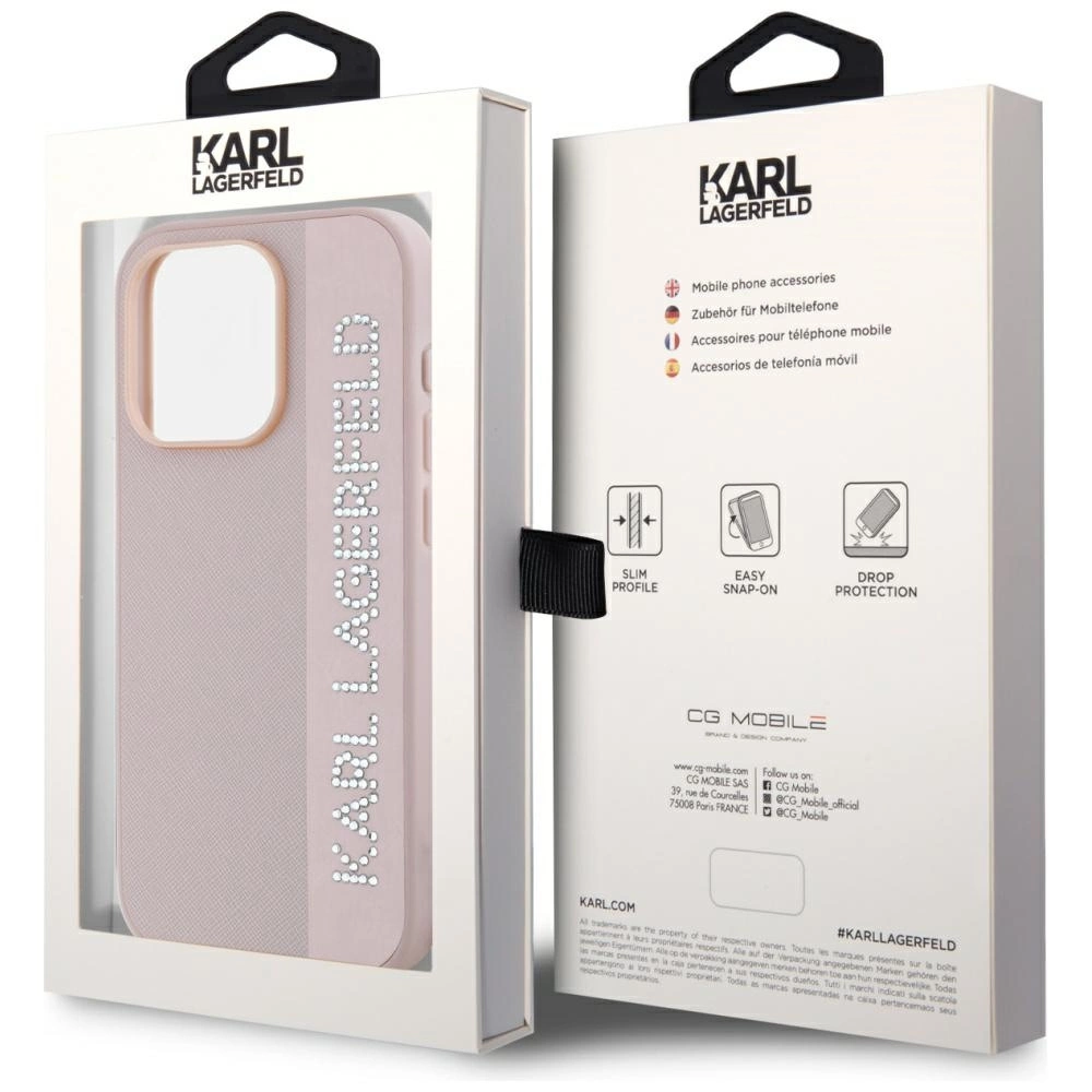 Karl Lagerfeld Saffiano Rhinestones & Charm case for iPhone 15 Pro - pinkeng