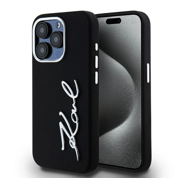 Karl Lagerfeld Silicone Metal Script Logo case for iPhone 15 Pro - blackeng