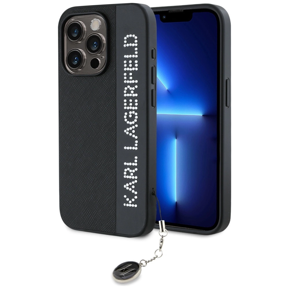 Karl Lagerfeld Saffiano Rhinestones & Charm case for iPhone 15 Pro Max - blackeng