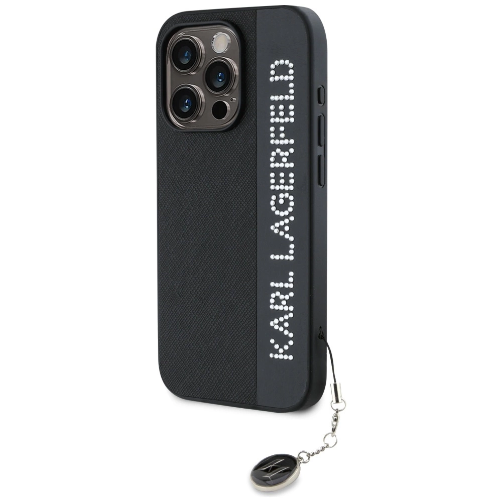 Karl Lagerfeld Saffiano Rhinestones & Charm case for iPhone 15 Pro Max - blackeng