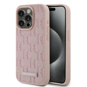 Karl Lagerfeld Leather Monogram Metal Logo case for iPhone 15 Pro - pinkeng