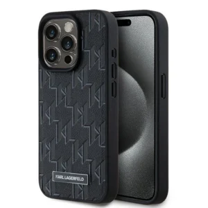 Karl Lagerfeld Leather Monogram Metal Logo case for iPhone 15 Pro Max - blackeng