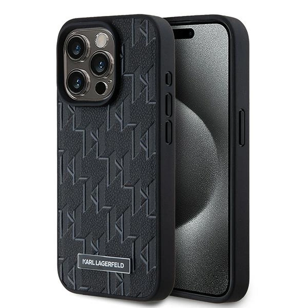 Karl Lagerfeld Leather Monogram Metal Logo case for iPhone 15 Pro Max - blackeng