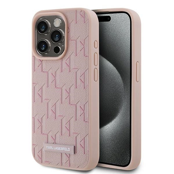 Karl Lagerfeld Leather Monogram Metal Logo case for iPhone 15 Pro Max - pinkeng
