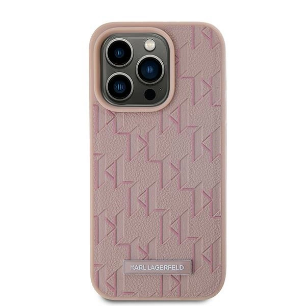 Karl Lagerfeld Leather Monogram Metal Logo case for iPhone 15 Pro Max - pinkeng