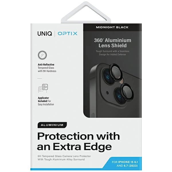Uniq Optix Glass Aluminum Camera Lens Protector for iPhone 15 / 15 Plus Camera Lens with Applicator - Blackeng