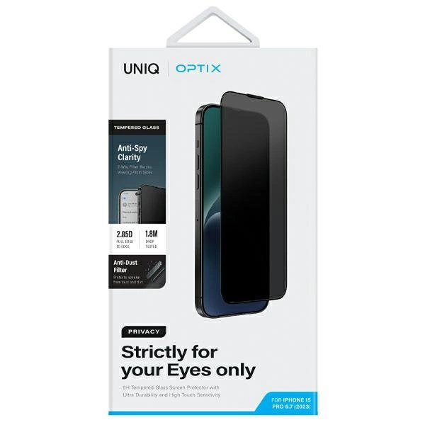 Uniq Optix Privacy tempered glass for iPhone 15 Pro Max with applicatoreng
