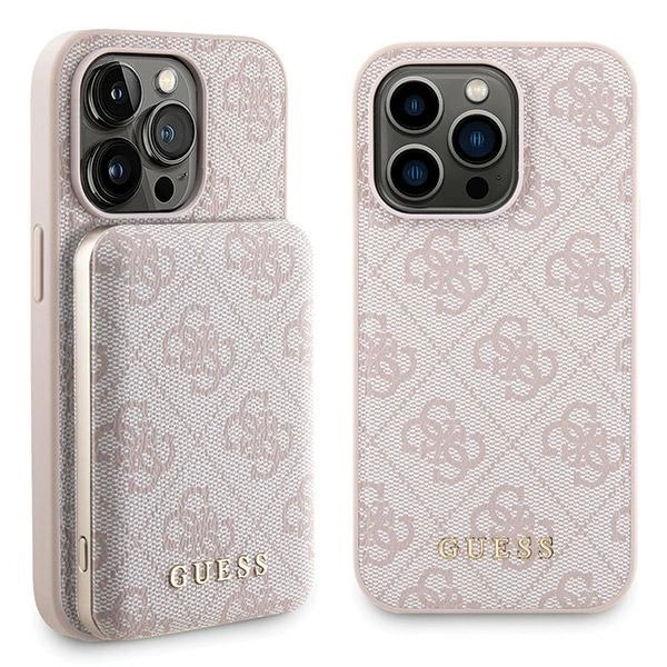 Guess 4G Metal Logo case set for iPhone 14 Pro + 5000mAh MagSafe power bank - pinkeng
