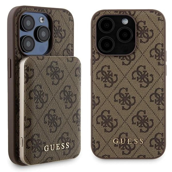 Guess 4G Metal Logo case set for iPhone 15 Pro + 5000mAh MagSafe power bank - browneng