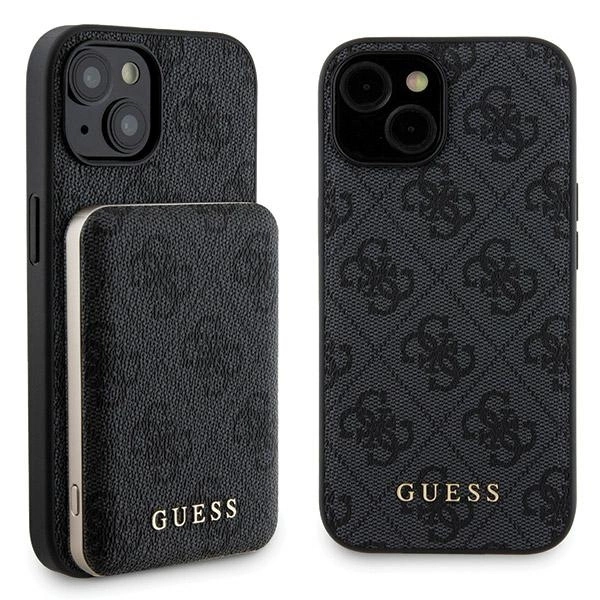 Guess 4G Metal Logo case set for iPhone 15 + 5000mAh MagSafe power bank - blackeng