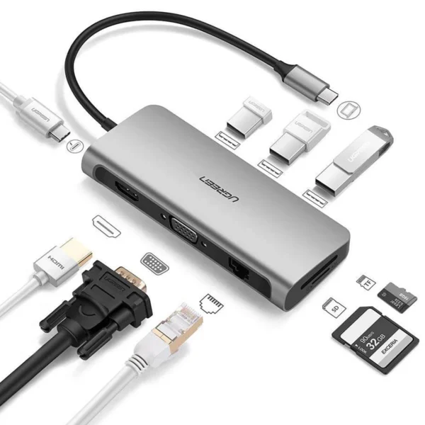 Ugreen CM179 9in1 USB-C - 3x USB-A 3.0 / HDMI / VGA / RJ45 / TF / SD card reader / USB-C adapter - grayeng