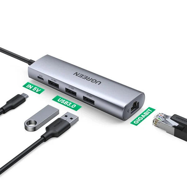 Ugreen CM266 60812 5in1 USB-A 3.0 - RJ45 / 3x USB-A 3.0 / micro USB adapter - grayeng
