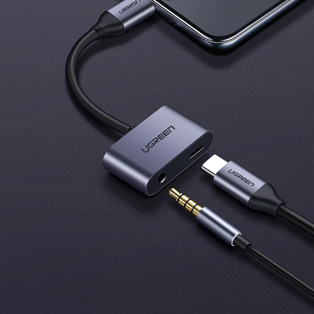 Ugreen CM193 50596 audio adapter two-port USB-C (male) - mini jack 3.5mm / USB-C (female) - grayeng