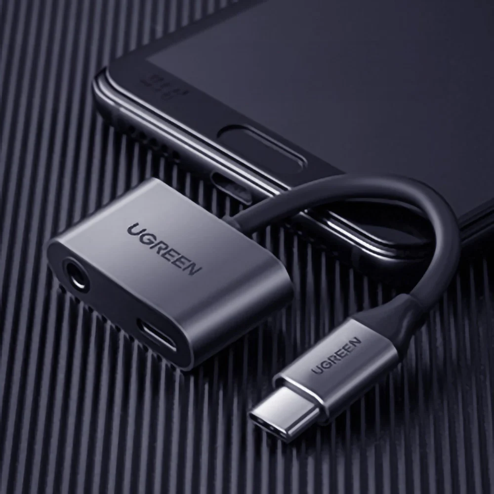 Ugreen CM193 50596 audio adapter two-port USB-C (male) - mini jack 3.5mm / USB-C (female) - grayeng