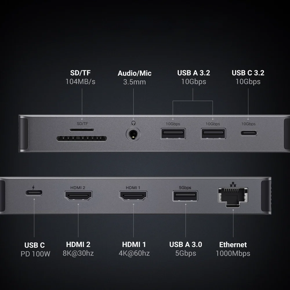 HUB Ugreen CM681 15978 13in1 USB-C - 2x USB-A 3.2 / 2x USB-A 3.0 / USB-C 3.2 / 2x HDMI / DisplayPort / RJ45 / SD and TF / AUX / USB-C PDeng