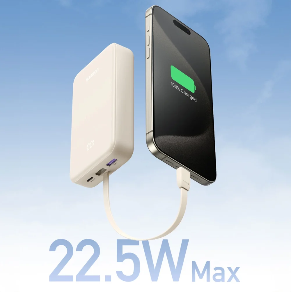 Ugreen PB505 Powerbank 20000mAh 22.5W USB-C USB-A Built-in USB-C Cable - Whiteeng