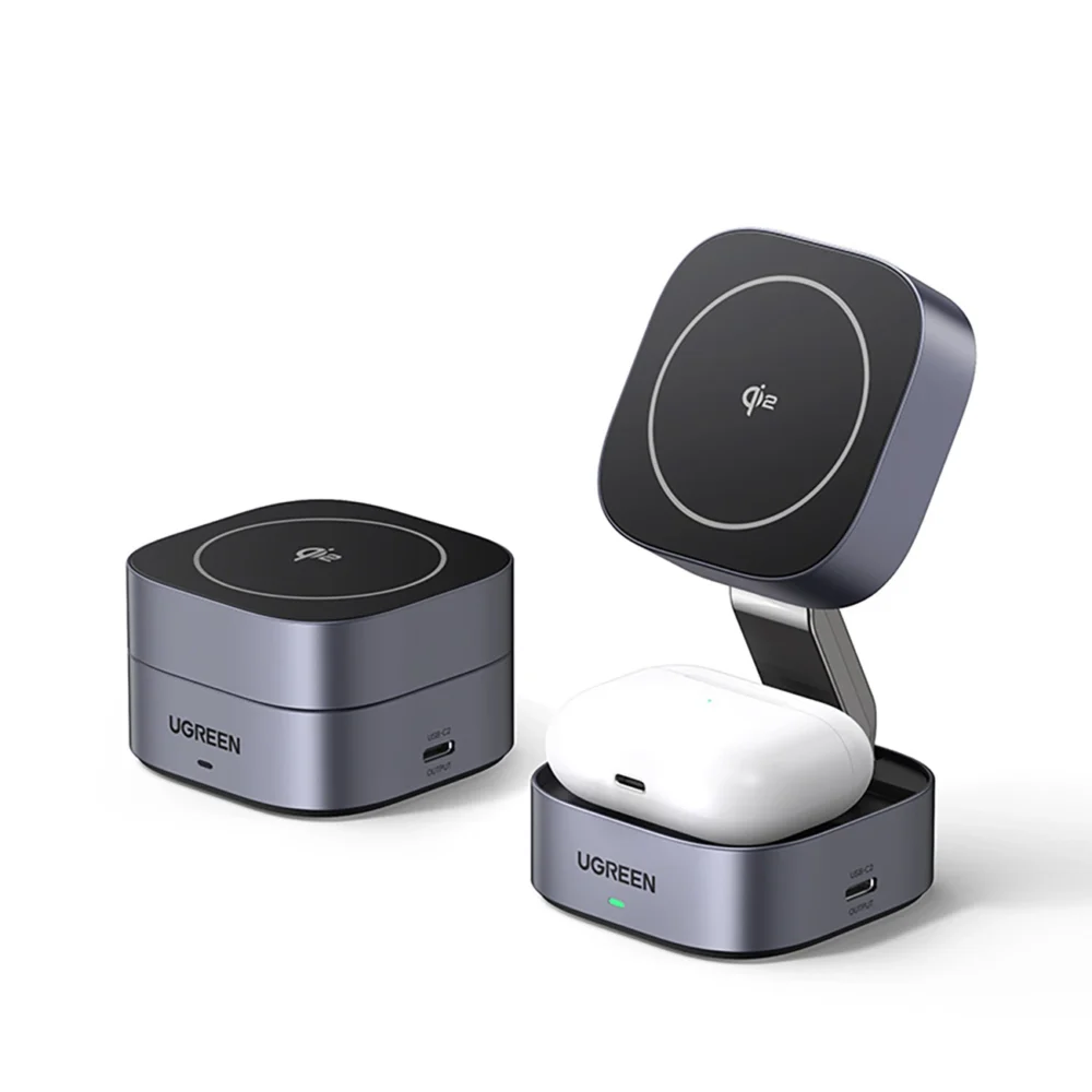 Ugreen W702 3in1 inductive charger with MagSafe / Qi2 and USB-C port for phone / headphones - blackeng