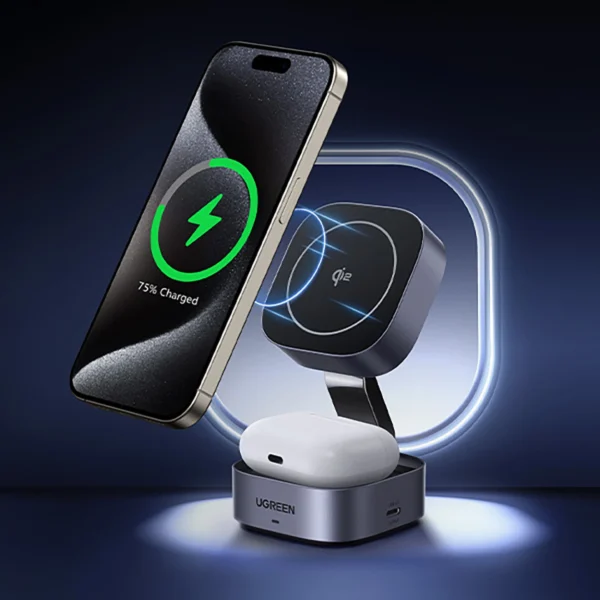 Ugreen W702 3in1 inductive charger with MagSafe / Qi2 and USB-C port for phone / headphones - blackeng