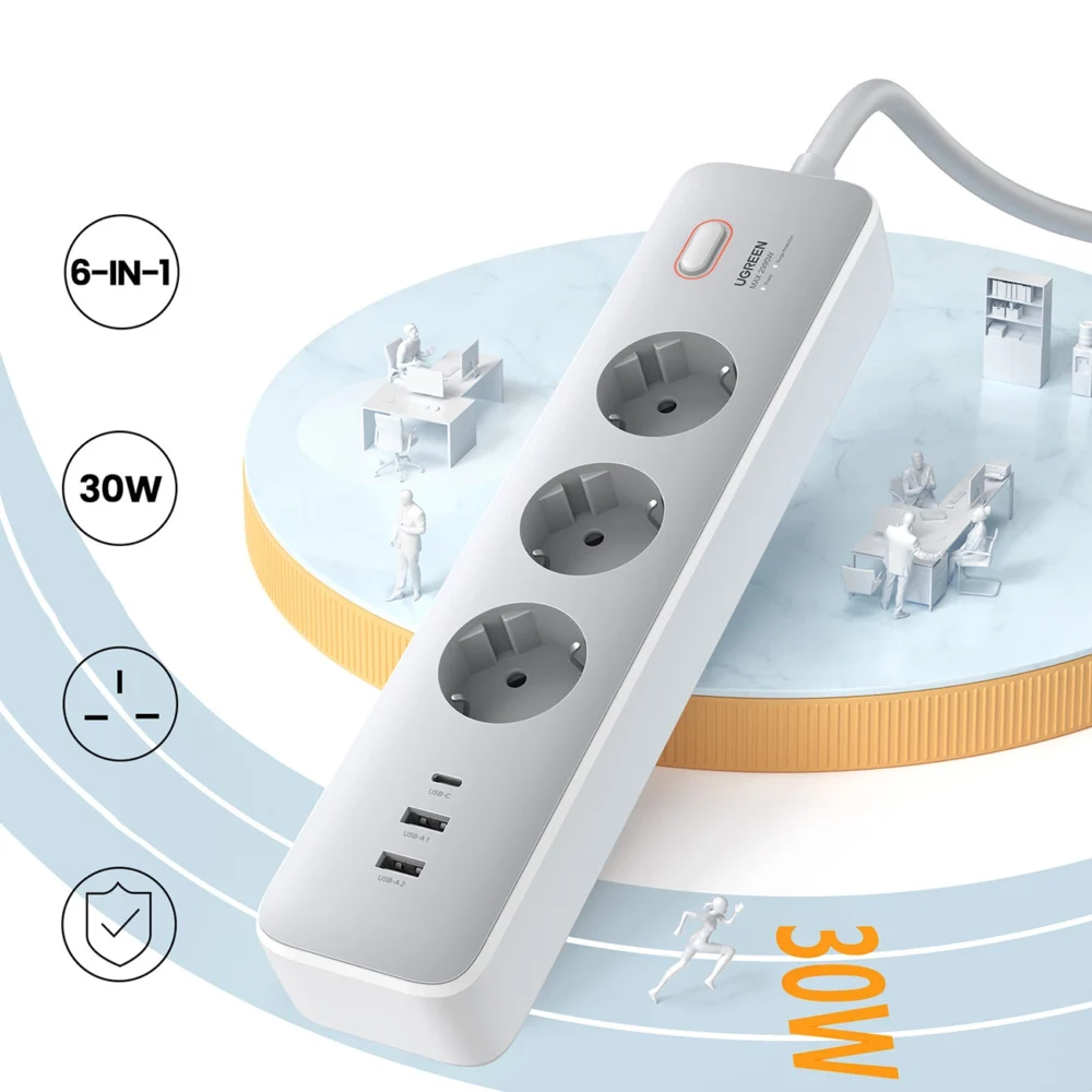 Ugreen CD286 extension cable 3x AC 2x USB-A 1x USB-C 30W with switch - whiteeng