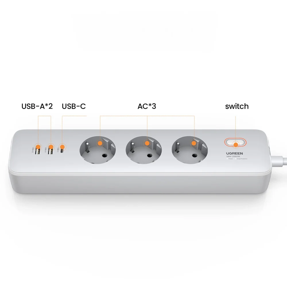 Ugreen CD286 extension cable 3x AC 2x USB-A 1x USB-C 30W with switch - whiteeng