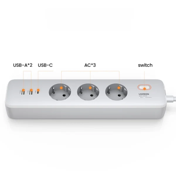 Ugreen CD286 extension cable 3x AC 2x USB-A 1x USB-C 30W with switch - whiteeng