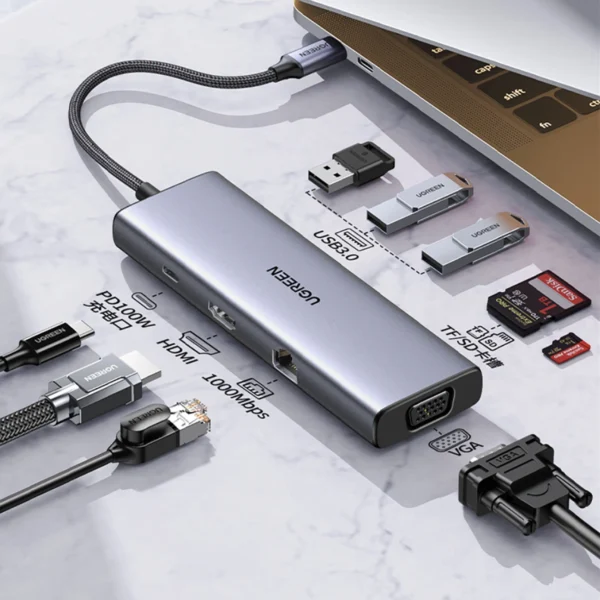 Ugreen CM498 15600 USB-C Adapter - 3x USB-A 3.0 / HDMI / VGA / RJ45 / SD / TF Card Reader / USB-C PD - Grayeng