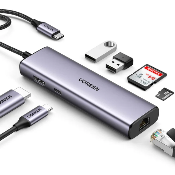 Ugreen CM512 90568 USB-C Adapter - 2x USB-A 3.0 / HDMI / RJ45 / SD and TF Card Reader / USB-C PD 100W - Grayeng
