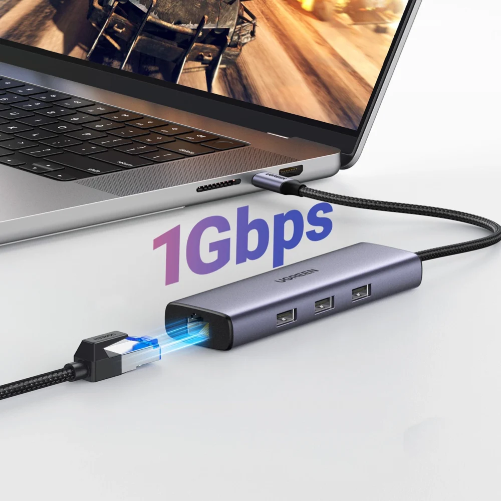 HUB Ugreen CM512 15598 6in1 USB-C - 3x USB-A 3.0 / HDMI / RJ45 / USB-C PD - grayeng