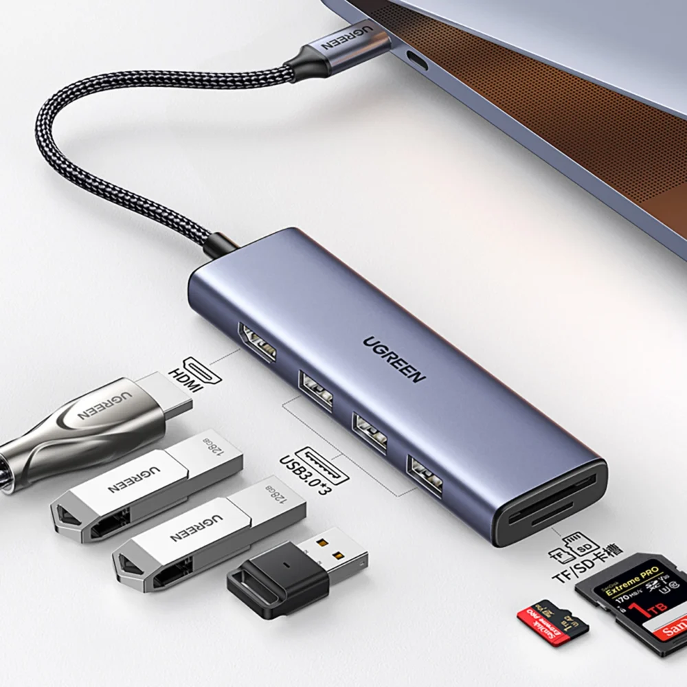 HUB Ugreen CM511 20956A 6in1 USB-C - HDMI / 3x USB-A 3.0 / SD/TF card reader - grayeng