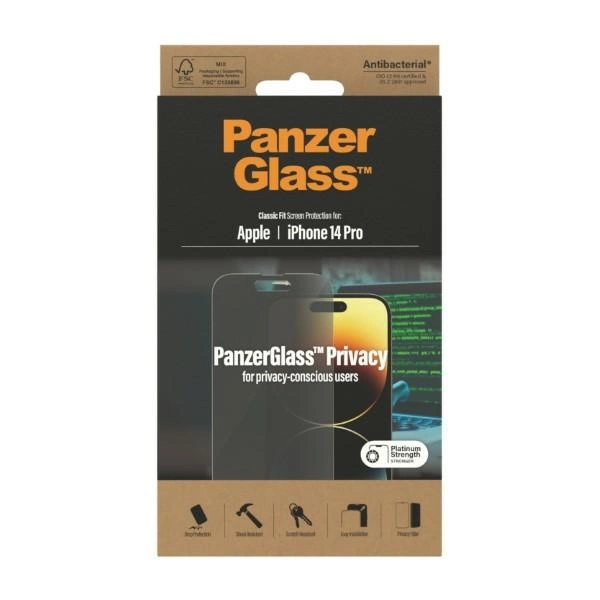PanzerGlass Classic Fit antibacterial privacy glass for iPhone 14 Proeng