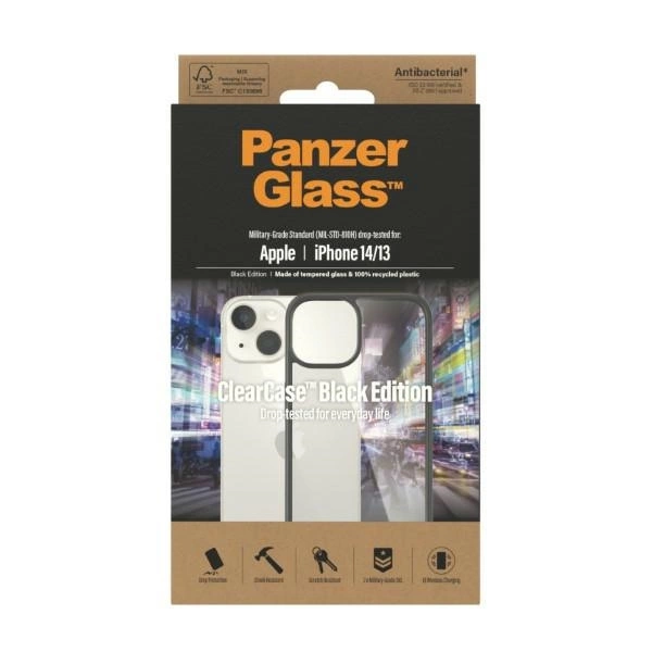 PanzerGlass ClearCase antibacterial case for iPhone 14 / 15 / 13 - transparent and blackeng