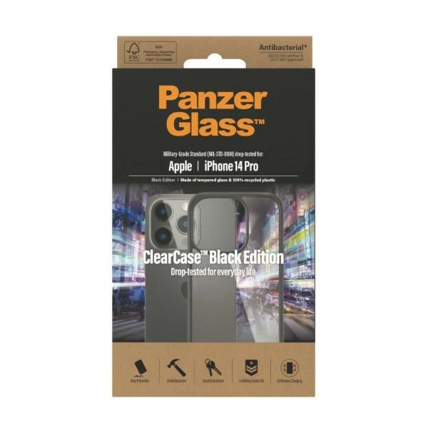 PanzerGlass ClearCase antibacterial case for iPhone 14 Pro - transparent and blackeng