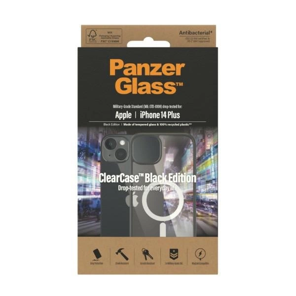 PanzerGlass ClearCase case with MagSafe antibacterial for iPhone 14 Plus / 15 Plus - transparent and blackeng