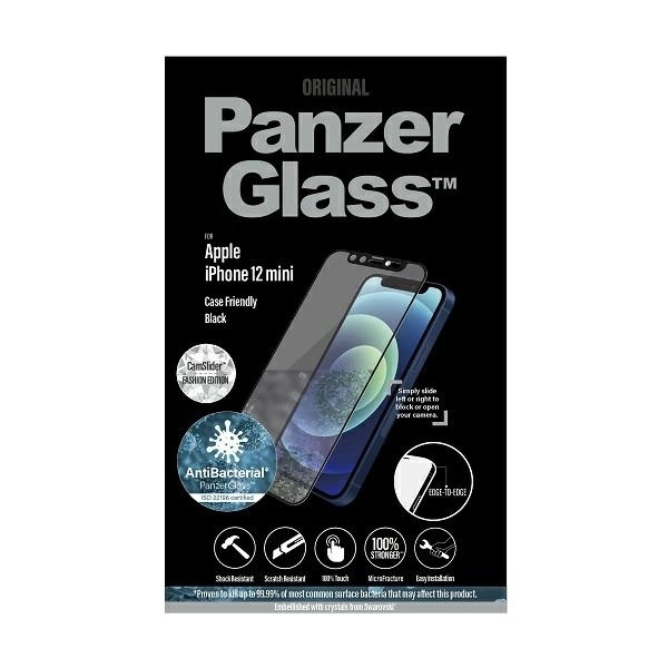 PanzerGlass E2E Microfracture Antibacterial Glass with Swarovsky Crystal Camera Cover for iPhone 12 mini - with Black Frameeng