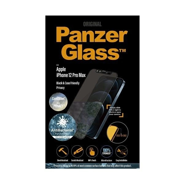 PanzerGlass E2E Microfracture Antibacterial Privacy Glass with Camera Protector for iPhone 12 Pro Max - With Black Frameeng