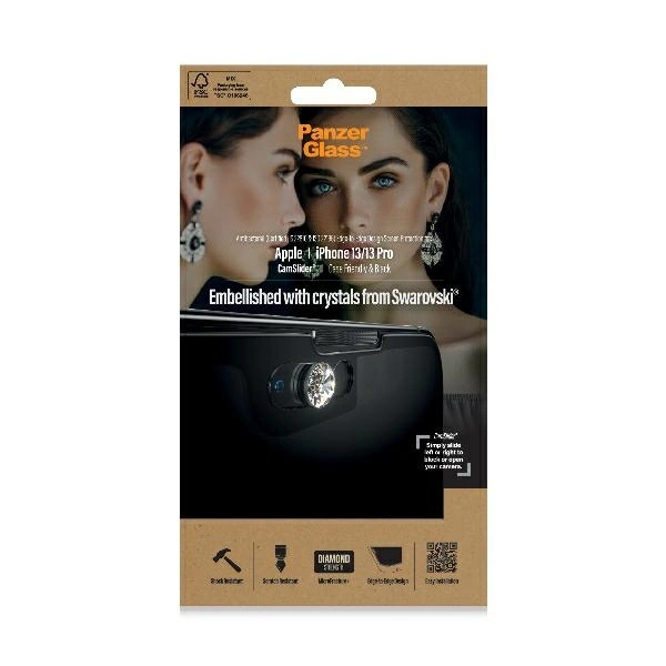 PanzerGlass E2E Microfracture Antibacterial Glass with Swarovsky Crystal Camera Cover for iPhone 13/13 Pro - With Black Frameeng