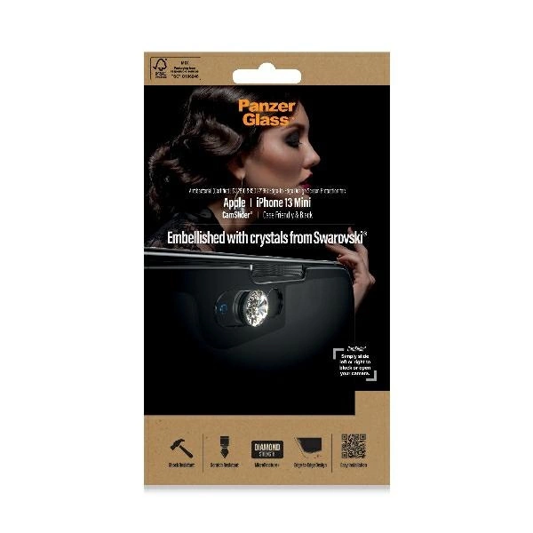 PanzerGlass E2E Microfracture antibacterial glass with camera cover with Swarovsky crystal for iPhone 13 mini - with black frameeng