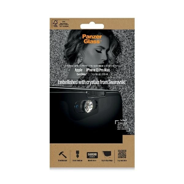PanzerGlass E2E Microfracture Antibacterial Glass with Camera Cover with Swarovsky Crystal for iPhone 13 Pro Max - with Black Frameeng