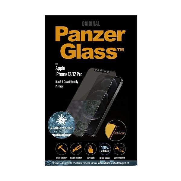 PanzerGlass E2E Super+ Microfracture antibacterial privacy tempered glass for iPhone 12 / 12 Pro - with black frameeng