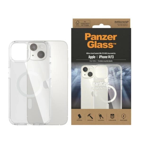 PanzerGlass HardCase with MagSafe Antibacterial Military Grade Certified Case for iPhone 14/15/13 - Transparenteng